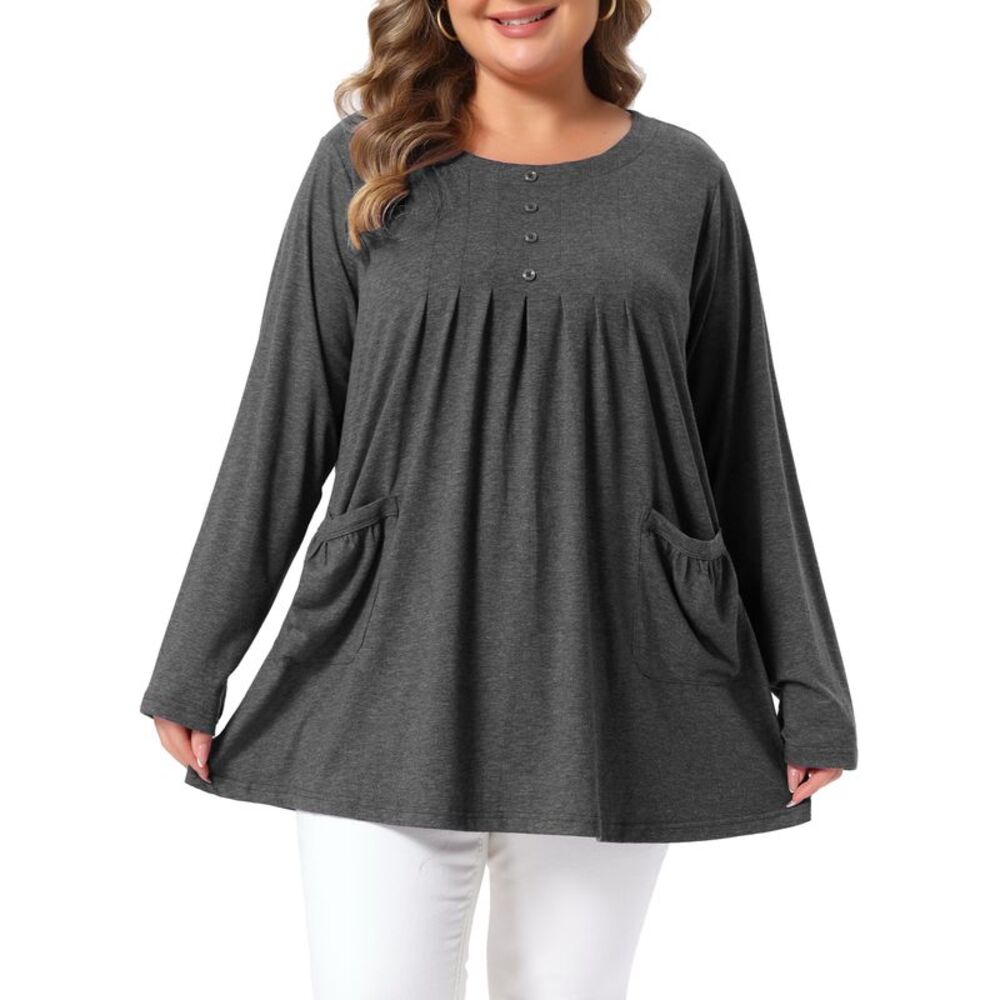 Women Plus Size Crew Neck Front Pleated Knit Blouses Dark Grey